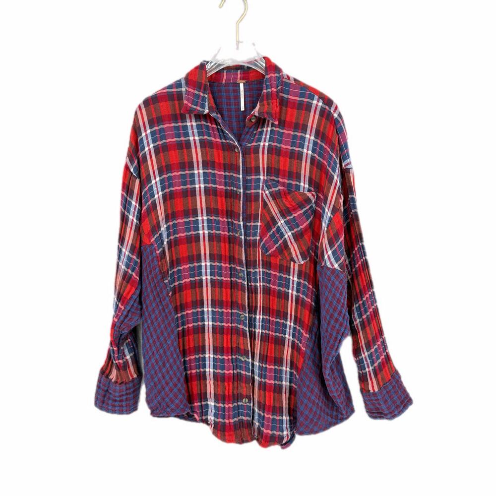Free People One of the Guys Flannel Plaid Cotton Red White Blue Long Sleeve Top - Picture 8 of 13